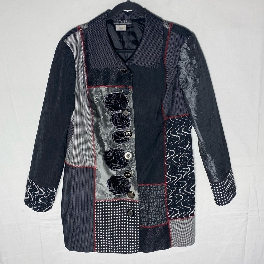 Vintage Nancy Bolen City Girl Black White Multi Print Multi Texture Jacket L